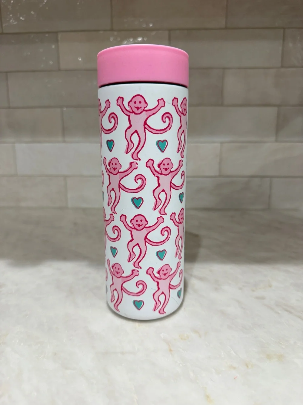 Roller Rabbit Pink & White Monkey Pattern Insulated Tumbler